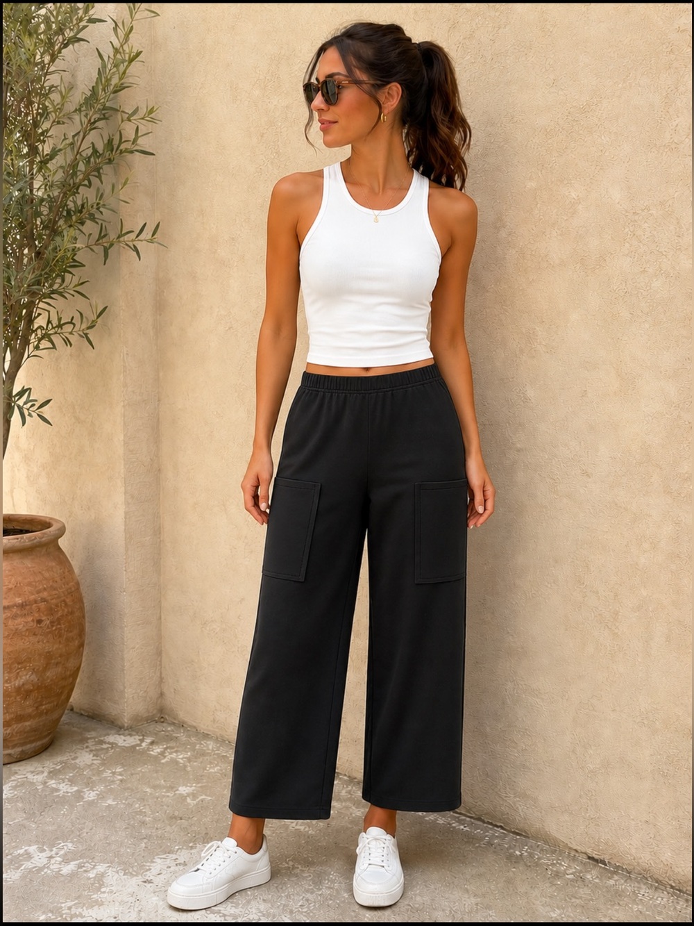 NWT Haystacks French Terry Crop Pant Wide Leg Pockets In Black